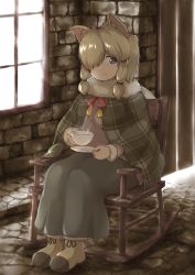 Rule 34 | 1girl, alpaca ears, alpaca suri (kemono friends), alternate costume, animal ears, blonde hair, blue eyes, chair, cloak, closed mouth, cup, day, door, extra ears, full body, fur-trimmed footwear, fur-trimmed sleeves, fur scarf, fur trim, hair over one eye, highres, holding, holding cup, holding saucer, horizontal pupils, indoors, kemono friends, light smile, long skirt, looking at viewer, medium hair, neck ribbon, okyao, parted bangs, plaid, plaid cloak, ribbon, rocking chair, saucer, scarf, shoes, sidelocks, sitting, skirt, solo, steam, sweater, window