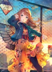 Rule 34 | 1girl, :o, belt, belt buckle, blue jacket, bodysuit, brown pantyhose, buckle, chain-link fence, deecha, dress, feet out of frame, fence, floral print, gradient sky, green eyes, hand up, highres, jacket, legs apart, long hair, long sleeves, looking at viewer, open clothes, open jacket, orange dress, orange hair, original, outdoors, outstretched arm, pantyhose, parted lips, sidelocks, signature, sky, solo, standing, wind, wing collar