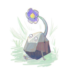 Rule 34 | asaikaina, black skin, closed eyes, colored skin, commentary request, flower, grass, nintendo, no humans, no mouth, pikmin (creature), pikmin (series), purple flower, rock, rock pikmin, sitting, white background