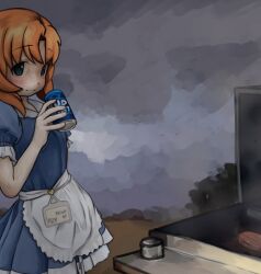 Rule 34 | 1girl, alcohol, apron, beer, beer can, blue eyes, blush, bud light, can, cloud, cloudy sky, commentary, dress, drink, drink can, english commentary, grill, highres, higurashi no naku koro ni, holding, holding can, looking at viewer, medium hair, name tag, orange hair, outdoors, ryuuguu rena, short sleeves, sky, smile, solo, waist apron, waitress, zoolpal