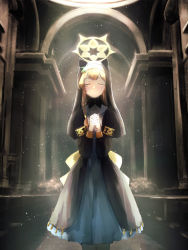 Rule 34 | 1girl, alicey 0121, back bow, blue archive, bow, braid, church, cowboy shot, crying, closed eyes, flower, habit, hair flower, hair ornament, hair tubes, halo, highres, indoors, light blush, light particles, long hair, mari (blue archive), nun, orange hair, own hands clasped, own hands together, praying, sailor collar, single braid, solo, standing, sunlight, tears, white sailor collar