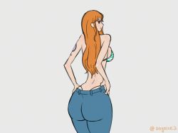 Rule 34 | 1girl, animated, ass, bikini, breasts, brown eyes, clothes pull, highres, huge ass, large breasts, long hair, nami (one piece), one piece, orange hair, pants, pants pull, sideboob, soyrice, swimsuit, tagme, tattoo, thong
