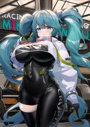 Rule 34 | 1girl, absurdres, alternate breast size, aqua eyes, aqua hair, arm at side, asymmetrical bodysuit, black bodysuit, black gloves, blush, bodysuit, breasts, car, character name, cleavage, covered navel, cowboy shot, crop top, crop top overhang, cropped jacket, curvy, dishui tangni, flame print, formula racer, gloves, goodsmile racing, green gloves, hair between eyes, hand up, hatsune miku, highres, jacket, large breasts, long hair, long sleeves, looking at viewer, motor vehicle, parted lips, race queen, race vehicle, racecar, racing miku, racing miku (2022), single thighhigh, smiley face, solo, thighhighs, thighs, twintails, two-tone gloves, very long hair, vocaloid, white jacket