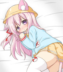 Rule 34 | 1girl, animal ear fluff, animal ears, azur lane, bed sheet, blue shirt, blush, cat ears, cat girl, cat tail, closed mouth, commentary request, ears through headwear, hair between eyes, hair ribbon, hands up, hat, kindergarten uniform, kisaragi (azur lane), lifebuoy, long hair, long sleeves, lying, on side, one side up, own hands together, panties, pink hair, pleated skirt, purple eyes, red ribbon, ri-net, ribbon, sailor collar, school hat, shirt, skirt, solo, swim ring, tail, thighhighs, underwear, white panties, white sailor collar, white thighhighs, yellow hat, yellow skirt