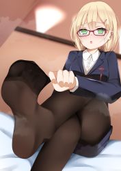 Rule 34 | 1girl, absurdres, blonde hair, clothes pull, crossed legs, feet, foot focus, glasses, green eyes, highres, jamie hazaford, looking at viewer, open mouth, pantyhose, pantyhose pull, shirogane no ishi argevollen, soles, steam, toes
