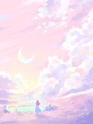 Rule 34 | 1girl, absurdres, artist name, cloud, cloudy sky, commentary request, crescent moon, dress, facing away, from behind, grass, highres, hill, long hair, moon, mountainous horizon, original, pink hair, pink sky, pond, rock, scenery, short sleeves, signature, sky, solo, standing, water, white dress, wide shot, yuzuki kino