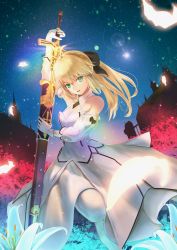 Rule 34 | 1girl, :d, absurdres, aomaru (shta-chu-jisuiai), artoria pendragon (all), artoria pendragon (fate), black bow, blonde hair, bow, breasts, cleavage, detached collar, detached sleeves, dress, fate/unlimited codes, fate (series), floating hair, flower, gloves, glowing, glowing petals, green eyes, hair between eyes, hair bow, highres, holding, holding sheath, holding sword, holding weapon, lens flare, long dress, long hair, long sleeves, looking at viewer, medium breasts, open mouth, pantyhose, petals, ponytail, saber lily, sheath, sky, smile, solo, standing, standing on one leg, star (sky), starry sky, strapless, strapless dress, sword, unsheathing, weapon, white dress, white flower, white gloves, white pantyhose, white sleeves