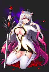 Rule 34 | 00s, 1girl, animal ears, bad id, bad pixiv id, black background, black skirt, breasts, cat ears, cleavage, cleavage cutout, closed mouth, clothing cutout, dungeon and fighter, female slayer (dungeon and fighter), full body, garter straps, gem, gradient hair, grey hair, tucking hair, head tilt, highres, holding, holding sword, holding weapon, kneeling, large breasts, long hair, looking at viewer, miniskirt, multicolored hair, pencil skirt, phonic, pink hair, red eyes, red lips, shade, shoes, skirt, solo, swept bangs, sword, sword master (dungeon and fighter), thighhighs, two-tone hair, very long hair, wavy hair, weapon, white footwear, white thighhighs