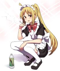 Rule 34 | 1girl, :d, ahoge, apron, blonde hair, bocchi the rock!, braid, cigarette, commentary, detached ahoge, english commentary, frilled apron, frills, full body, hair between eyes, highres, hinghoi, holding, holding cigarette, ijichi nijika, long hair, looking at viewer, maid, maid apron, maid headdress, mary janes, open mouth, orange eyes, plastic bottle, ponytail, shoes, short sleeves, sidelocks, simple background, single braid, smile, smoke, smoking, solo, squatting, thighhighs, tiptoes, white apron, white background, white thighhighs, zettai ryouiki