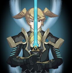 Rule 34 | 1boy, armor, brown hair, commentary, ememtrp, english commentary, gauntlets, gradient background, green eyes, head wings, highres, holding, holding sword, holding weapon, pale skin, self-upload, short hair, shoulder armor, shoulder pads, solo focus, straight-on, sword, weapon, wings, xenoblade chronicles (series), xenoblade chronicles 3, zeon (xenoblade)