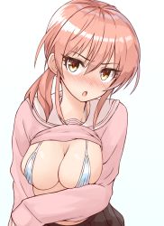 Rule 34 | 10s, 1girl, bikini, bikini under clothes, blush, breasts, check commentary, cleavage, clothes lift, commentary request, heart, heart-shaped pupils, highres, idolmaster, idolmaster cinderella girls, jougasaki mika, long hair, looking at viewer, micro bikini, open mouth, pink hair, shirt lift, shunichi, simple background, solo, swimsuit, swimsuit under clothes, symbol-shaped pupils, upper body, white background, yellow eyes