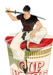 Rule 34 | 1boy, black footwear, black hair, black sash, fushiguro touji, highres, holding, holding sword, holding weapon, jujutsu kaisen, looking at viewer, male focus, mini person, miniboy, muscular, muscular male, ncww rinichi, nissin cup noodle, open mouth, pants, sash, scar, scar on face, scar on mouth, short hair, short sleeves, sitting, skin tight, slippers, solo, sword, weapon, white pants