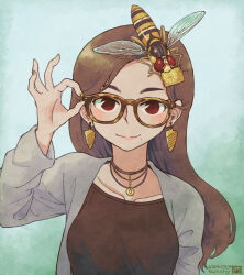 Rule 34 | 1girl, adjusting eyewear, aizawa sachi, bee, blush, brown-framed eyewear, brown eyes, brown hair, bug, closed mouth, collarbone, dangle earrings, earrings, glasses, insect, jewelry, long hair, looking at viewer, mole, mole under mouth, necklace, original, smile, solo, upper body