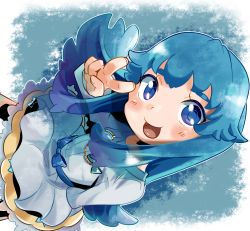 Rule 34 | 10s, 1girl, blue background, blue eyes, blue hair, bow, bunsuke, happinesscharge precure!, highres, long hair, matching hair/eyes, precure, shirayuki hime, sidelocks, skirt, smile, solo, v, waist bow