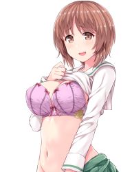 Rule 34 | 10s, 1girl, alternate breast size, amane hasuhito, bad id, bad twitter id, blush, bra, breasts, brown hair, cleavage, clothes lift, girls und panzer, green skirt, large breasts, lifting own clothes, long sleeves, looking at viewer, navel, nervous smile, nishizumi miho, open mouth, pink bra, pleated skirt, school uniform, serafuku, shirt lift, short hair, simple background, skirt, smile, solo, stomach, underwear, upper body, white background