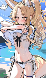 1girl absurdres animal_ear_fluff animal_ears bikini bird blonde_hair blue_archive blush breasts clothes_lift fox_ears fox_girl fox_tail front-tie_bikini_top front-tie_top halo high_ponytail highres lifting_own_clothes long_hair navel outdoors sak_(lemondisk) seia_(blue_archive) shirt shirt_lift side-tie_bikini_bottom small_breasts solo stomach swimsuit tail thigh_strap undressing white_bikini white_bird white_shirt yellow_eyes yellow_halo