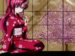 Rule 34 | 00s, 1girl, cherry blossoms, gundam, gundam seed, japanese clothes, kimono, lacus clyne, long hair, red kimono, sitting, solo, wallpaper, yukata