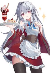 Rule 34 | 1girl, absurdres, alternate costume, apron, belt, black thighhighs, cake, clara (honkai: star rail), detached sleeves, dress, enmaided, food, frilled apron, frills, grey hair, hair between eyes, hair intakes, highres, holding, holding tray, honkai: star rail, honkai (series), ice cream, long hair, long sleeves, looking at viewer, maid, maid apron, open mouth, pink eyes, shiroi ou, sidelocks, solo, sundae, thighhighs, tray, waist apron, white apron