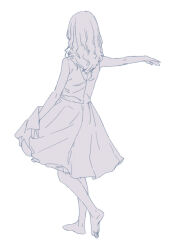 Rule 34 | 1girl, arm up, back cutout, bare arms, bare legs, bare shoulders, barefoot, child, clothing cutout, dress, female focus, from behind, full body, greyscale, kbrg, legs apart, medium hair, monochrome, original, simple background, sleeveless, sleeveless dress, soles, solo, standing, white background
