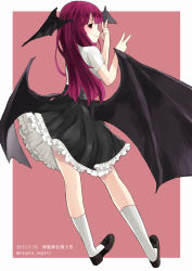 Rule 34 | 1girl, absurdres, dated, demon wings, foreshortening, frilled skirt, frills, from behind, full body, head wings, highres, kneehighs, koakuma, large wings, loafers, long hair, looking at viewer, low wings, nagata nagato, red background, red eyes, red hair, shoes, short sleeves, sideways glance, simple background, skirt, smile, socks, solo, touhou, twitter username, v, w, white socks, wings