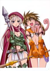 Rule 34 | 2girls, :3, :d, ^ ^, absurdres, alleyne (queen&#039;s blade), alleyne (queen's blade), animal, animal on shoulder, belt, belt skirt, beret, blonde hair, blue eyes, blush, braid, breasts, brown hair, buckle, cape, capelet, cleavage, closed eyes, cowboy shot, crop top, elbow gloves, elf, fighting master alleyne, flat chest, forest keeper nowa, gloves, green legwear, hair between eyes, happy, hat, highres, holding, leaning, long hair, long pointy ears, midriff, miniskirt, monkey, multiple girls, navel, nowa (queen&#039;s blade), nowa (queen's blade), open mouth, page number, pleated skirt, pointy ears, polearm, queen&#039;s blade, ruu (queen&#039;s blade), scan, side braid, side slit, sidelocks, silver hair, simple background, single braid, skirt, smile, spear, spiked hair, staff, standing, thighhighs, twintails, very long hair, weapon