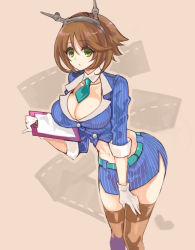 Rule 34 | 10s, 1girl, aki (o2x x2o), alternate costume, bad id, bad pixiv id, breasts, brown hair, cleavage, clipboard, gloves, green eyes, hairband, kantai collection, large breasts, leaning forward, midriff, mutsu (kancolle), navel, necktie, open mouth, personification, short hair, solo, thighhighs