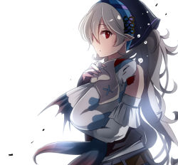 Rule 34 | 1girl, alternate costume, bandana, belt, closed eyes, corrin (female) (fire emblem), corrin (fire emblem), fire emblem, fire emblem fates, fire emblem heroes, from side, holding, lilith (fire emblem), long hair, looking to the side, nintendo, pointy ears, red eyes, rojiura-cat, simple background, upper body, white background, white hair