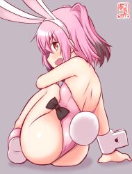 Rule 34 | 1girl, animal ears, artist logo, ass, bare legs, blush, bow, bowtie, covered navel, dated, detached collar, fake animal ears, grey background, hair between eyes, kanon (kurogane knights), kantai collection, kunashiri (kancolle), leotard, looking at viewer, looking back, messy hair, multicolored hair, one-hour drawing challenge, open mouth, orange eyes, pink footwear, pink hair, pink leotard, playboy bunny, rabbit ears, rabbit tail, solo, strapless, strapless leotard, tail, traditional bowtie, two-tone hair, two side up, wrist cuffs