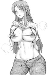 Rule 34 | 1girl, alternate costume, areola slip, bikini, bikini top only, braid, breasts, clothes lift, denim, fate/stay night, fate (series), gggg, highres, jeans, large areolae, large breasts, long hair, medea (fate), micro bikini, monochrome, pants, pointy ears, shirt lift, snarl, solo, steam, stomach, swimsuit