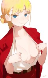 Rule 34 | 1girl, belt, blonde eyebrows, blonde hair, blush, breasts, brown belt, closed mouth, collarbone, colored eyelashes, commentary, english commentary, highres, jacket, jacket on shoulders, long hair, looking at viewer, medium breasts, naughty face, no bra, open clothes, open shirt, original, red jacket, red skirt, ryusei hashida, shirt, shirt tucked in, simple background, skirt, smile, solo, white background, white shirt