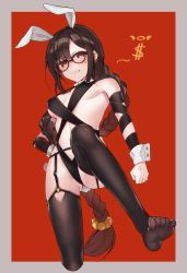 Rule 34 | 1girl, anger vein, animal ears, bare shoulders, black thighhighs, blush, braid, breasts, brown eyes, brown hair, commentary request, earrings, fate/grand order, fate (series), glasses, highres, jewelry, kan&#039;yu (citron 82), long braid, long hair, looking at viewer, medium breasts, o-ring, parted lips, rabbit ears, red background, revealing clothes, simple background, solo, thighhighs, v-shaped eyebrows, yu mei-ren (fate), yu mei-ren (first ascension) (fate)