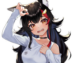 Rule 34 | 1girl, absurdres, animal ear fluff, animal ears, black choker, black hair, blurry, blush, breasts, breath, choker, clothing cutout, commentary request, eyelashes, hair ornament, head tilt, highres, holding, holding own hair, hololive, long hair, long sleeves, looking at viewer, medium breasts, multicolored hair, narita tamezou, ookami mio, ookami mio (casual), open mouth, orange eyes, red hair, shirt, shoulder cutout, simple background, solo, spoken sweatdrop, streaked hair, sweatdrop, tareme, two-tone hair, upper body, virtual youtuber, wavy mouth, white background, white shirt, window, wolf ears