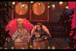 Rule 34 | 2boys, absurdres, ascot, black hair, blonde hair, burger, coat, cola, couch, crocodile (one piece), donquixote doflamingo, eating, fast food, food, french fries, fur-trimmed jacket, fur coat, fur trim, hair slicked back, highres, hook, jacket, lamp, long sleeves, male focus, mcdonald&#039;s, multiple boys, one piece, picture frame, plant, restaurant, short hair, sunglasses, tray, user rnmw4444
