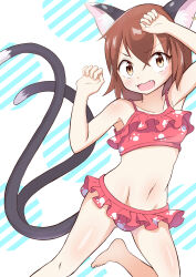 Rule 34 | 1girl, absurdres, animal ear piercing, animal ears, arm up, bare arms, bare legs, barefoot, bikini, blush, breasts, brown eyes, brown hair, chen, commentary request, dot nose, earrings, fang, foot out of frame, forked tail, frills, groin, hair between eyes, hands up, highres, jewelry, kawakami nako, leg up, looking at viewer, navel, nekomata, no headwear, open mouth, paw print, red bikini, short hair, simple background, single earring, small breasts, solo, swimsuit, tail, touhou, v-shaped eyebrows, white background