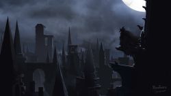 Rule 34 | 1girl, bell, bird, bloodborne, building, cityscape, commentary, copyright name, crow, dark, eileen the crow, feather coat, feathers, fog, from behind, hat, highres, moon, moonlight, night, outdoors, scenery, squatting, tripdancer