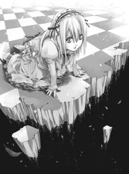 Rule 34 | 1girl, :o, barefoot, checkered floor, crumbling, dress, feathers, floor, gothic lolita, greyscale, hairband, kneeling, lolita fashion, long sleeves, monochrome, mou-s, perspective, ribbon, sleeves past wrists, solo