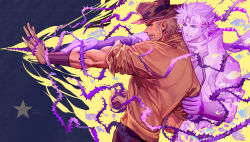 Rule 34 | 2boys, absurdres, arm grab, beard, belt, blue eyes, brown headwear, brown shirt, caesar anthonio zeppeli, clenched hand, closed mouth, colored skin, dated, energy, facial hair, facial mark, feather hair ornament, feathers, florakinesis, from side, ghost, grey hair, hair ornament, hand on another&#039;s arm, hat, headband, hermit purple, highres, jacket, jojo no kimyou na bouken, joseph joestar, joseph joestar (old), light smile, looking afar, looking ahead, male focus, multiple boys, old, old man, open hand, open mouth, outstretched arm, plant, profile, purple skin, scarf, serious, shirt, short hair, short sleeves, stand (jojo), star (symbol), thorns, triangle print, upper body, vines, xinghui
