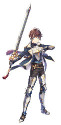 Rule 34 | 1boy, armor, belt, black pants, blue eyes, brown hair, gauntlets, greaves, h2so4, highres, holding, holding sword, holding weapon, male focus, original, pants, simple background, solo, standing, sword, tachi-e, weapon