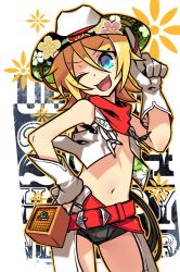 Rule 34 | 1girl, ;d, belt, blonde hair, blue eyes, chaps, cowboy, cowboy hat, finger on hat, flat chest, gloves, hat, kagamine rin, midriff, navel, negi (ulog&#039;be), no bra, one eye closed, open mouth, short hair, short shorts, shorts, smile, solo, vest, vocaloid, cowboy western, white gloves