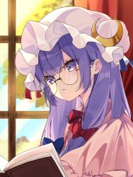 Rule 34 | 1girl, bespectacled, blue bow, blue ribbon, book, bow, bowtie, capelet, closed mouth, commentary request, crescent, crescent hat ornament, dress, frilled capelet, frilled dress, frills, glasses, hat, hat ornament, highres, long hair, looking at viewer, mob cap, open book, patchouli knowledge, pink capelet, pink dress, pink hat, purple eyes, purple hair, red bow, red bowtie, red curtains, red ribbon, ribbon, round eyewear, shirt, sidelocks, solo, touhou, upper body, window, yellow-framed eyewear, yuineko