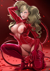 Rule 34 | 1girl, absurdres, blonde hair, blue eyes, bodysuit, boots, breasts, dominatrix, gloves, high heel boots, high heels, highres, holding, holding whip, latex, latex bodysuit, looking at viewer, mask, unworn mask, nipples, on one knee, open clothes, open shirt, persona, persona 5, petals, pussy, pussy peek, red footwear, red gloves, red legwear, red shirt, self-upload, shirt, signature, solo, takamaki anne, taoart, tongue, tongue out, twintails, watermark, web address, whip