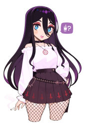 Rule 34 | 1girl, ?, belt, blue eyes, blush, blush stickers, breasts, bubble tea, choker, cigarette, collarbone, commentary, commission, cowboy shot, cross, dress, english commentary, eyelashes, eyeshadow, fishnet pantyhose, fishnets, goth fashion, gothic, halphelt, hand on own hip, highres, holding, holding cigarette, inverted cross, jewelry, latin cross, lips, long hair, looking at viewer, makeup, medium breasts, necklace, open mouth, original, pantyhose, pentagram, pentagram pendant, pleated skirt, purple hair, simple background, skirt, skull, smoke, solo, spoken symbol, strapless, strapless dress, teeth, upper teeth only, white background