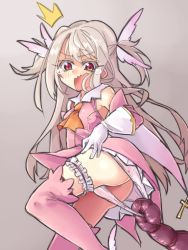 Rule 34 | 1girl, ass, bare shoulders, blush, boots, breasts, elbow gloves, fate/kaleid liner prisma illya, fate (series), female focus, gloves, illyasviel von einzbern, long hair, looking back, magical girl, monster, open mouth, panties, panty pull, prisma illya, red eyes, shoes, silver hair, surprised, tears, tentacles, thigh boots, thighhighs, underwear, winged footwear, wings