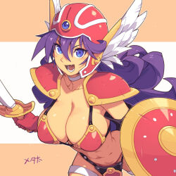 Rule 34 | 1girl, :d, abs, armor, bikini armor, blue eyes, breasts, choker, collarbone, commentary request, dragon quest, dragon quest iii, hair between eyes, helmet, holding, holding shield, holding sword, holding weapon, large breasts, long hair, looking at viewer, metata, navel, open mouth, purple hair, red armor, shield, smile, soldier (dq3), solo, sword, teeth, weapon, white choker