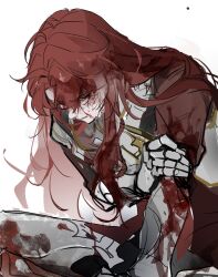 Rule 34 | 1boy, argenti (honkai: star rail), armor, blood, blood on clothes, blood on face, hair between eyes, highres, honkai: star rail, honkai (series), injury, long hair, male focus, oryunbunkosu, red hair, simple background, solo, white background