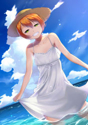 Rule 34 | 10s, 1girl, bare shoulders, clenched teeth, day, dress, dutch angle, green eyes, grin, hat, head tilt, highres, horizon, hoshizora rin, looking at viewer, love live!, love live! school idol project, ocean, orange hair, partially submerged, short hair, sleeveless, sleeveless dress, smile, solo, standing, straw hat, sundress, teeth, wading, water, white dress, yamaori