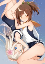 Rule 34 | 2girls, ass, blonde hair, blouse, blue eyes, blue one-piece swimsuit, brown eyes, brown hair, crop top, flower, fujiyama, hair flower, hair ornament, hairclip, i-401 (kancolle), kantai collection, multiple girls, one-piece swimsuit, one-piece tan, orange sailor collar, ponytail, ro-500 (kancolle), sailor collar, sailor shirt, school swimsuit, shirt, short ponytail, sleeveless, sleeveless shirt, swimsuit, swimsuit under clothes, tan, tanline, underwater, upside-down, white shirt