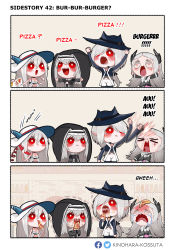 Rule 34 | &gt;o&lt;, 3koma, 4girls, arknights, arms up, black veil, blue headwear, comic, commentary, crying, crying with eyes open, eating, english commentary, english text, food, gladiia (arknights), hat, highres, holding, holding food, holding phone, holding pizza, irene (arknights), kinohara kossuta, multiple girls, open mouth, phone, pizza, pointy ears, red eyes, skadi (arknights), skadi (waverider) (arknights), slapping, specter (arknights), tears, veil, white hair, white headwear