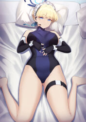 Rule 34 | 1girl, bare shoulders, black gloves, black leotard, blonde hair, blue archive, blue eyes, blue leotard, blue ribbon, blueorca, blush, braid, breasts, bun cover, covered navel, earpiece, elbow gloves, fingerless gloves, french braid, gloves, hair bun, hair ribbon, halo, highleg, highleg leotard, highres, leotard, looking at viewer, lying, maid headdress, on back, on bed, pillow, ribbon, short hair, single hair bun, small breasts, solo, thigh strap, thighs, toki (blue archive), two-tone leotard