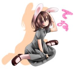 Rule 34 | 1girl, alternate color, alternate costume, animal ears, bad id, bad pixiv id, between legs, blush, brown hair, character name, dress, drop shadow, full body, grey dress, hand between legs, hand in own hair, highres, i-la, inaba tewi, leaning forward, long hair, mary janes, pantyhose, rabbit ears, red eyes, ribbon-trimmed collar, ribbon trim, shoes, short sleeves, simple background, solo, texture, touhou, transparent background, white pantyhose